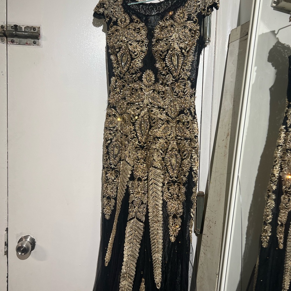 Embellished Black & Gold Evening Gown